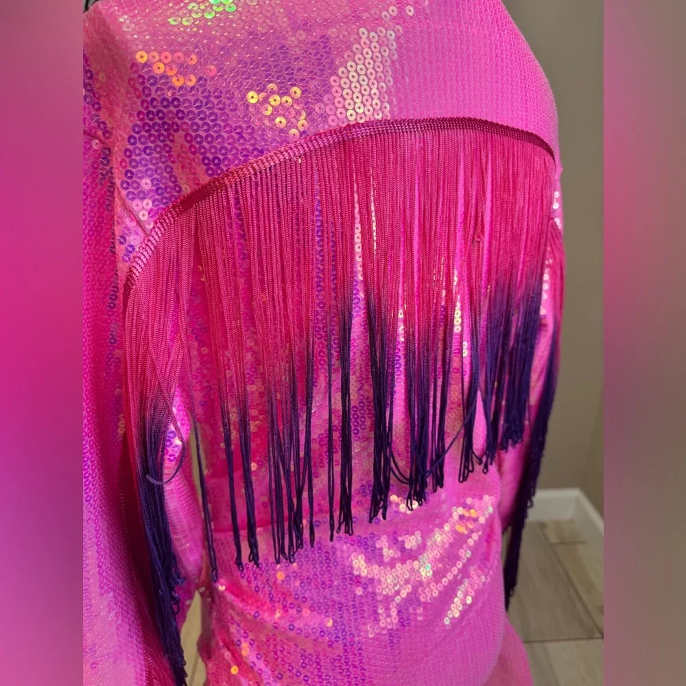 New! QUEEN OF SPARKLES Pink Sequin Long Sleeve Fringe Back Dress
